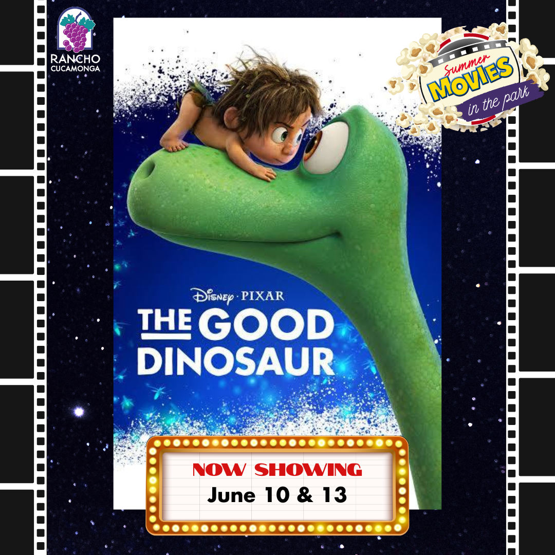 The Good Dinosaur movie poster with a marquee that reads "Now showing June 10 & June 13." Top right: A popcorn logo for summer movies in the park.