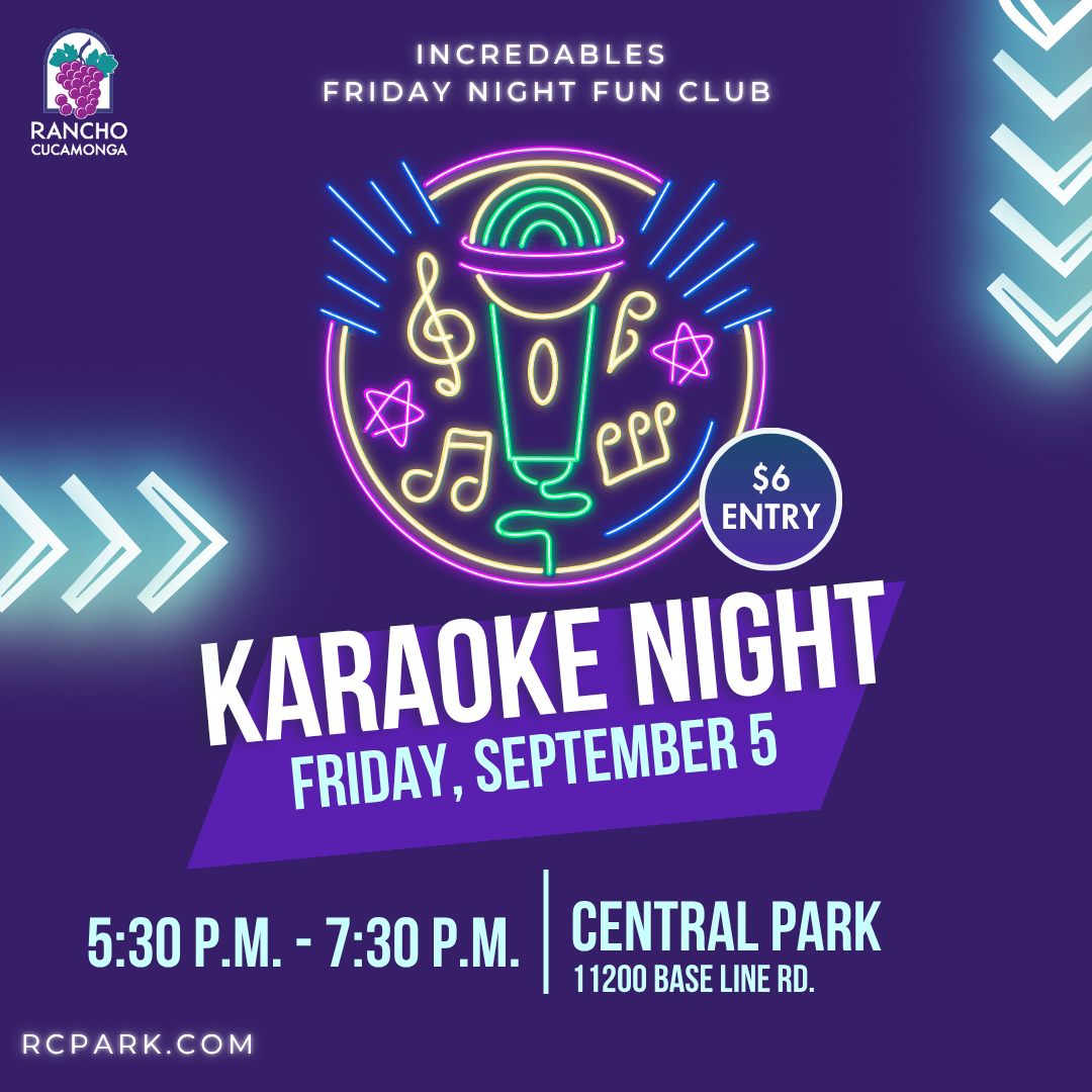 purple back background with neon lights. In front center is a neon microphone with music notes. Karaoke Night. Friday, September 5. 5:30 p.m. to 7:30 p.m. Central Park 11200 Base Line Rd. RCpark.com 