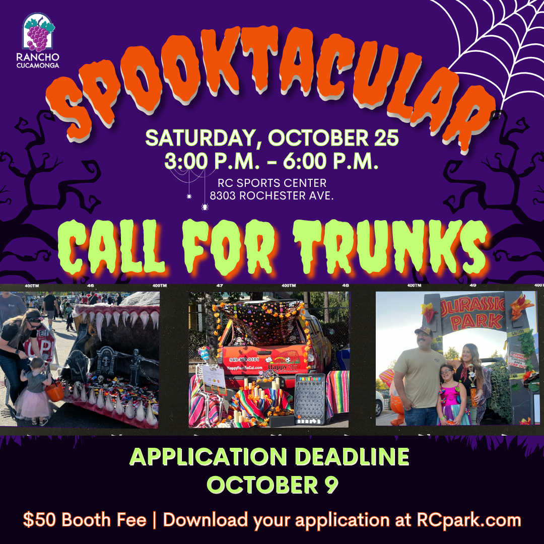 Spooktacular Call for Trunks. Purple background with dark spooky trees, center: 3 photos of creative Halloween theme car trunks, Upper right corner: spider web. Saturday, October 25, 3:00 p.m. - 6:00 p.m., RC Sports Center, 8303 Rochester Ave. Application deadline, October 9. $50 Booth Fee. Download your application at RCpark.com.