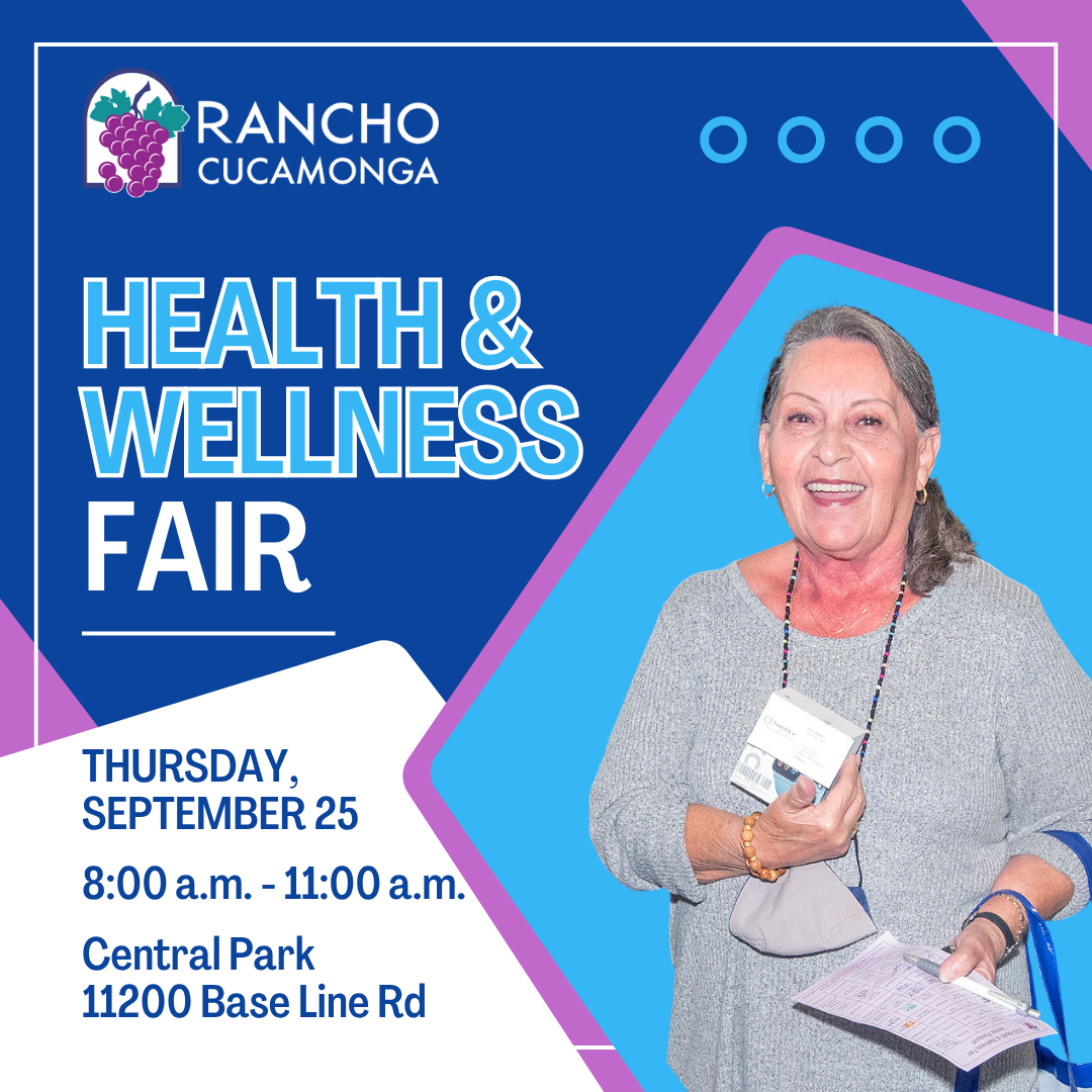 Blue, pink, and white geometric shaped backdrop with a photo of an elderly woman smiling on the lower right hand side. Health & Wellness Fair. Thursday, September 25 from 8:00 a.m. to 11:00 a.m. Central Park 11200 Base Line Rd. 