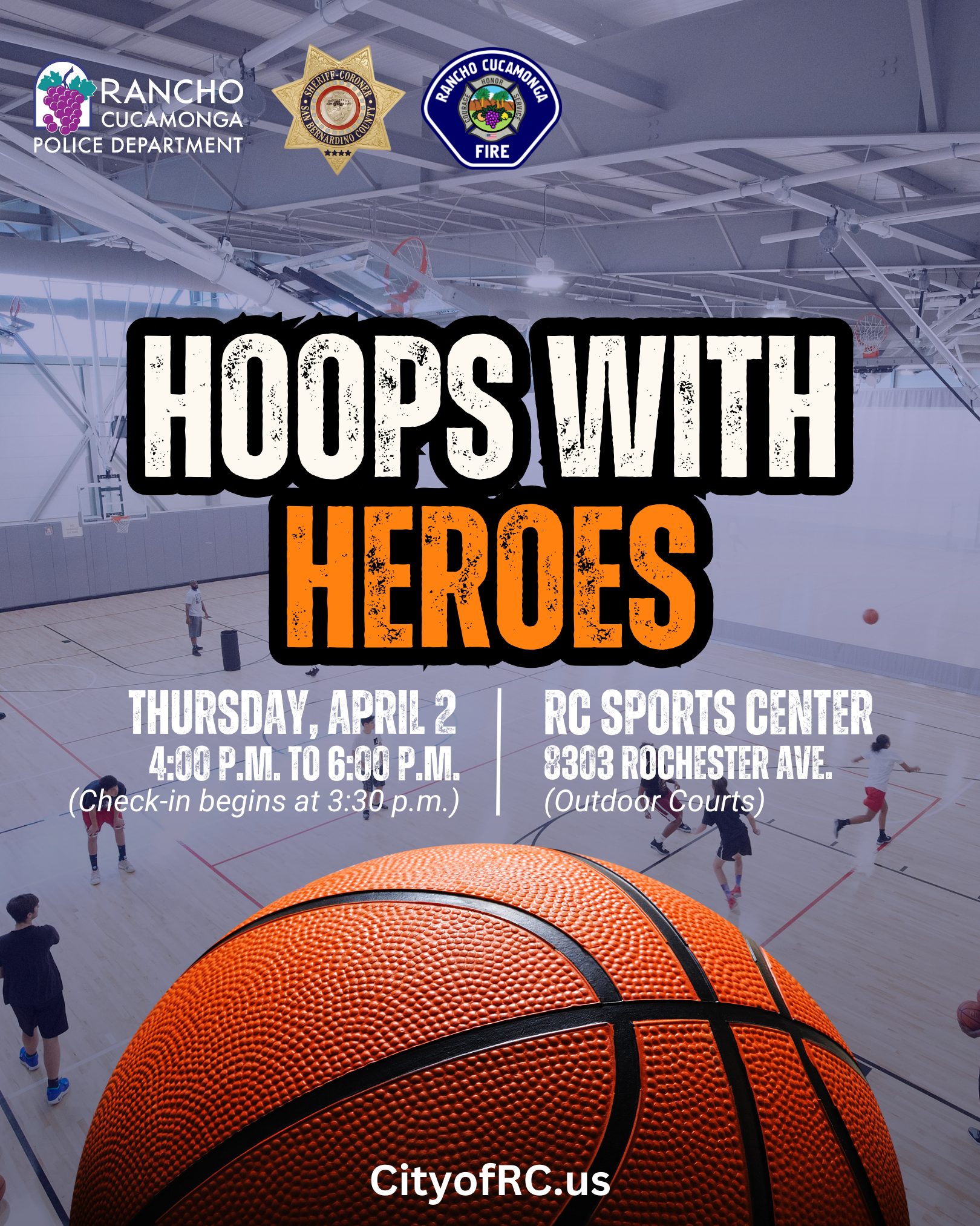 Flyer with a basketball hovering over a basketball court to promote the upcoming Hoops with Heroes Event