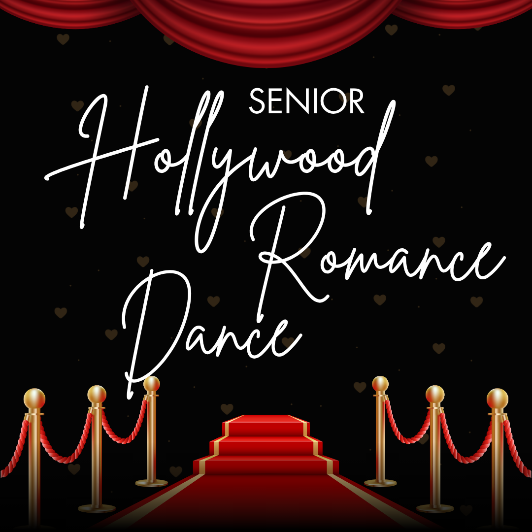 Illustration of a red carpet walk way with stanchions for the Senior Hollywood Romance Dance.