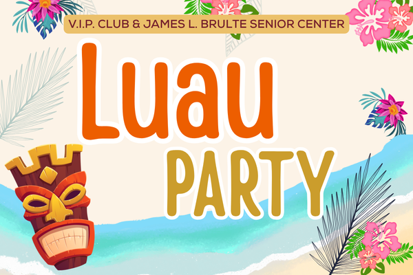 Colorful luau party graphic with tropical flowers, tiki mask, and beach background.