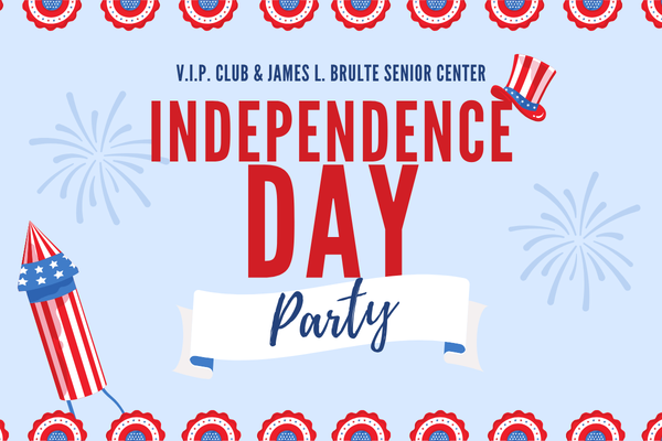 Independence Day party graphic with fireworks, patriotic decorations, and red, white, and blue text.