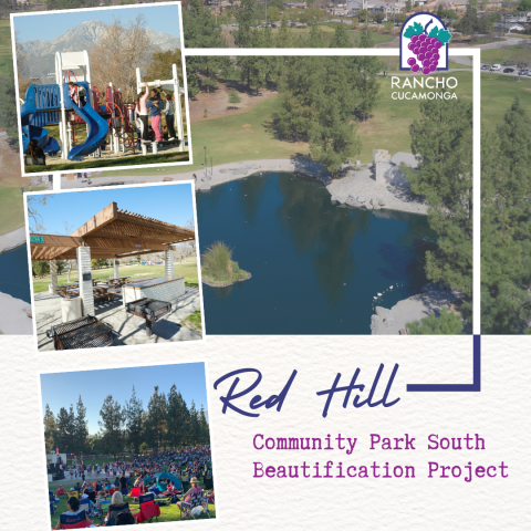 Red Hill Community Park water feature, playset, shade structure, concert in the park