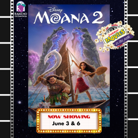 Moana 2 movie poster with a marquee that reads "Now showing June 3 & June 6." Top right: A popcorn logo for summer movies in the park. 