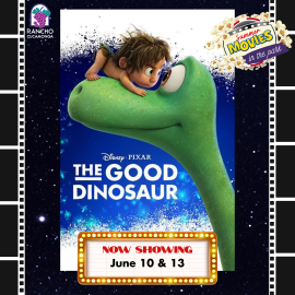 The Good Dinosaur movie poster with a marquee that reads "Now showing June 10 & June 13." Top right: A popcorn logo for summer movies in the park.