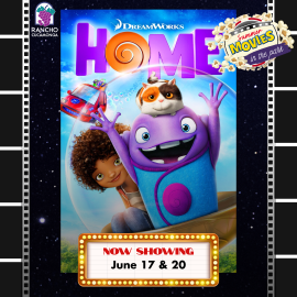 Home movie poster with a marquee that reads "Now showing June 17 & June 20." Top right: A popcorn logo for summer movies in the park.