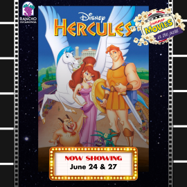 Hercules movie poster with a marquee that reads "Now showing June 24 & June 27." Top right: A popcorn logo for summer movies in the park.