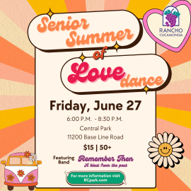 70's Groovy theme. Light pink, salmon pink mustard yellow and beige sun rays in the background. An icon of a Volkswagon Bus in the lower left corner. An icon of a daisy flower with a smiley face in the lower right corner. Center of the graphic is a hot pink, brown and salmon pink text. "Senior Summer of Love Dance. Friday, June 27. 6:00 P.M. to 8:30 P.M. Central Park, 11200 Base Line Road. $15 per person and ages 50+ For more information visit RCpark.com. Featuring Band Remember Then, A blast from the past.