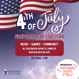 4th of July Fireworks Spectacular flyer. Music - Games - Community. RC Epicenter Sports Complex, 8408 Rochester Ave. RCpark.com. Presented by: Pinwheel Pasta. Fireworks displayed in the background with a light purple overlay. Top left corner: an image of the American Flag