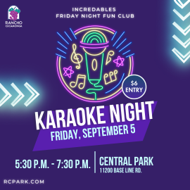 purple back background with neon lights. In front center is a neon microphone with music notes. Karaoke Night. Friday, September 5. 5:30 p.m. to 7:30 p.m. Central Park 11200 Base Line Rd. RCpark.com 