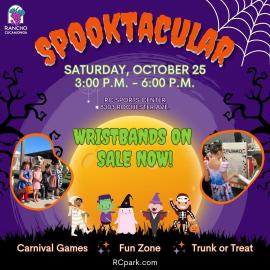 Spooktacular Saturday,  October 25. 3:00 p.m. to 6:00 p.m. RC Sports Center 8303 Rochester Ave. Carnival Games, Fun Zone, Trunk or Treat. Purple background with yellow moon, spooky shaped trees. Upper right hand corner is a white spider web. Center graphic are cartoons of kids dressed as a mummy, Frankenstein, a ghost, a vampire, and a skeleton.   