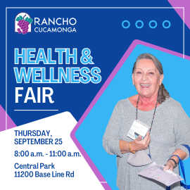 Blue, pink, and white geometric shaped backdrop with a photo of an elderly woman smiling on the lower right hand side. Health & Wellness Fair. Thursday, September 25 from 8:00 a.m. to 11:00 a.m. Central Park 11200 Base Line Rd. 