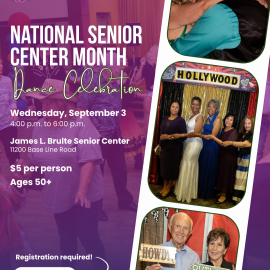 Purple background overlay. Right hand side: a film strip with 3 photos from previous dances. Upper left corner: City of Rancho Cucamonga horizontal logo with purple grapes. Left hand side: text that reads National Senior Center Month Dance Celebration. Wednesday,  September 3 from 4:00 p.m. to 6:00 p.m. James L. Brulte Senior Center, 11200 Base Line Road. $5 per person. Ages 50+ Registration required! RCpark.com.