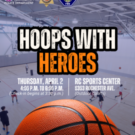 Flyer with a basketball hovering over a basketball court to promote the upcoming Hoops with Heroes Event