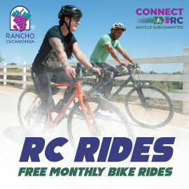RC Rides Free Monthly Bike Rides graphic with City of RC and Connect RC Bicycle Subcommittee logos and 2 bike riders on the Pacific Electric Trail