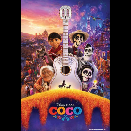 Poster for Disney Pixar’s Coco featuring Miguel holding a guitar and standing beside Hector on a glowing marigold bridge leading into the vibrant, colorful Land of the Dead. Bright lights, festive decorations, and city towers fill the background, with the film’s title “Coco” displayed at the top.