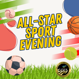 Promotional graphic for an All-Star Sport Evening featuring a bold yellow-and-blue title in the center. Various illustrated sports equipment surrounds the text, including a baseball, basketball, tennis ball, and soccer ball. Colorful abstract shapes in red, green, and blue decorate the background, and grass fills the bottom portion of the image. A circular badge in the lower right corner displays the CPRS Award of Excellence logo.