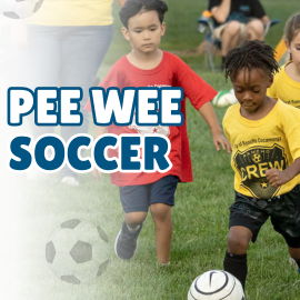 Promotional graphic for Pee Wee Soccer featuring young children running and kicking soccer balls on a grassy field. The Rancho Cucamonga logo appears at the top left, large bold text reads ‘Pee Wee Soccer’